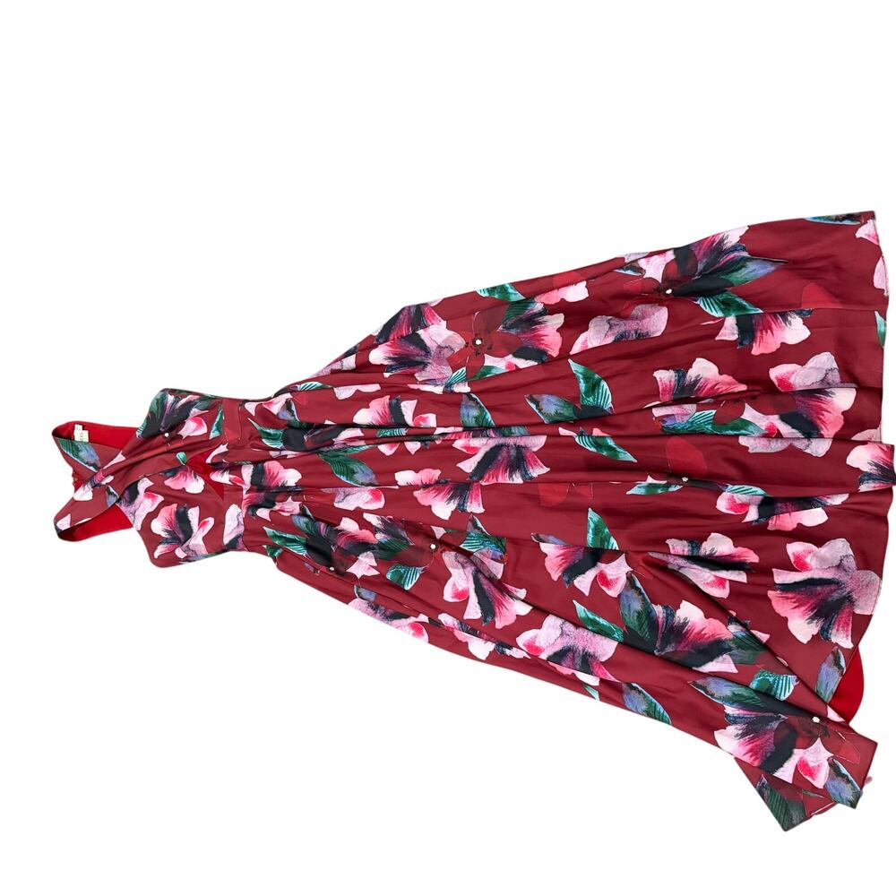 Fame And Partners Burgundy Floral Hummingbird Print A Line Gown Size 2 - Picture 2 of 7